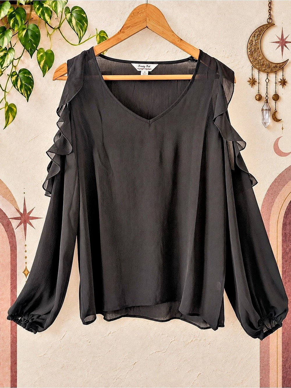 Krazy Kat Black Ruffle Cold Shoulder Chiffon Blouse Size M